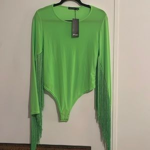 Bright green long fringe sleeve bodysuit